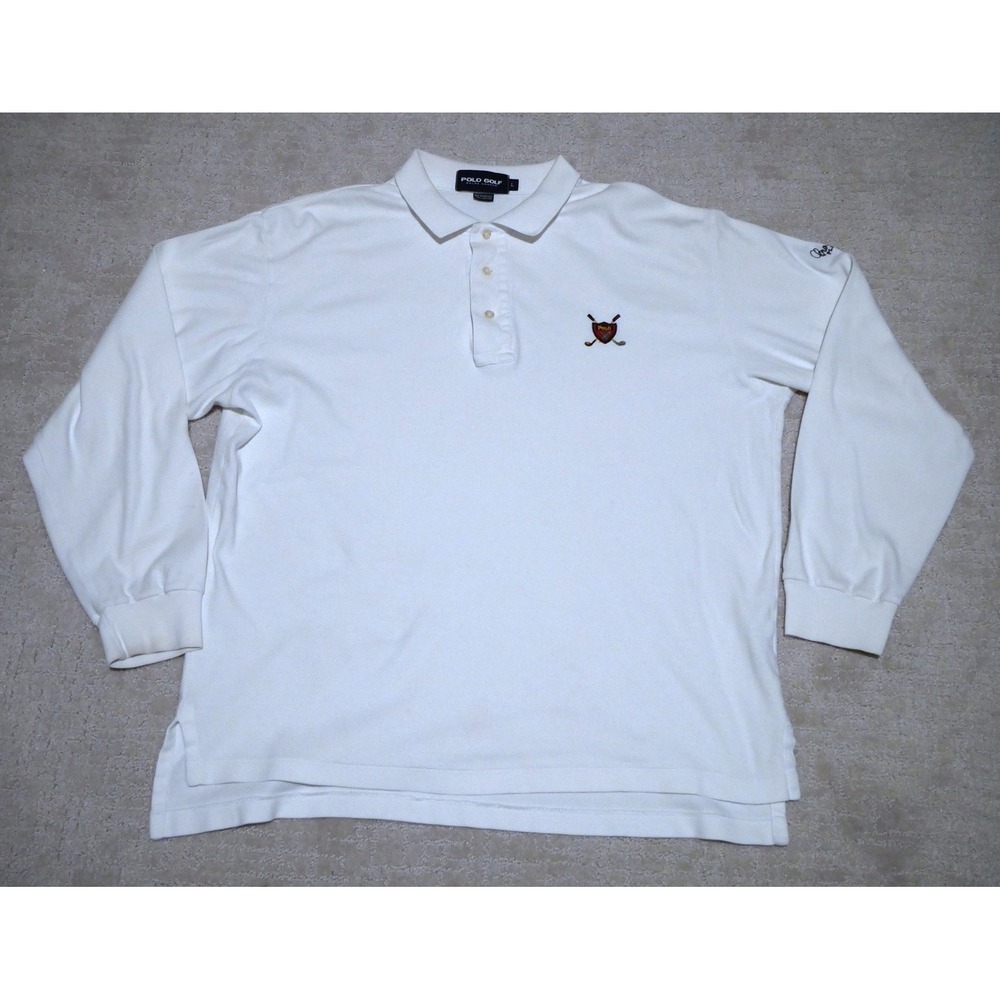 Polo Golf Ralph Lauren Mens Large White Long Sleeve Polo Shirt Cross Creek Crest